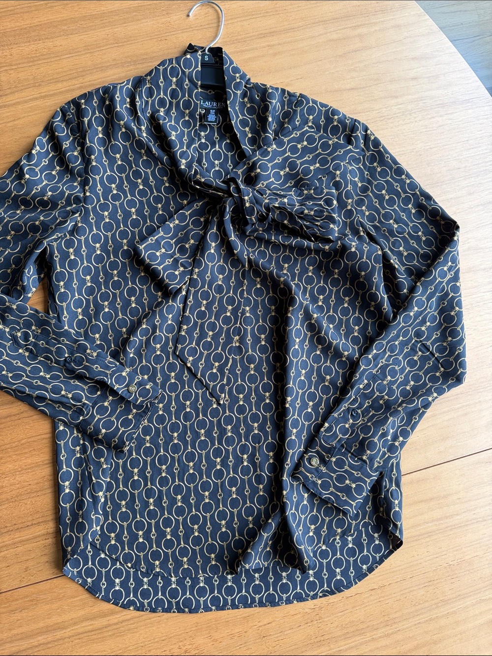 Lauren Ralph Lauren Black Pussybow Blouse with Gold Chain Print